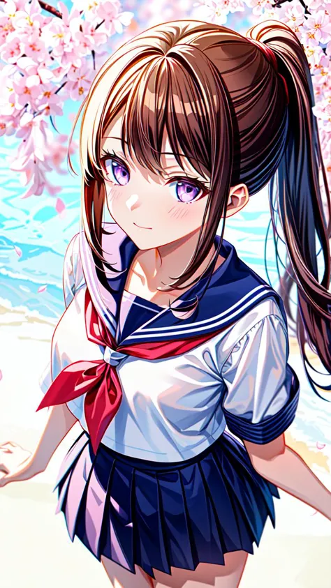 anime girl with ponytail hair and blue eyes standing in front of a tree