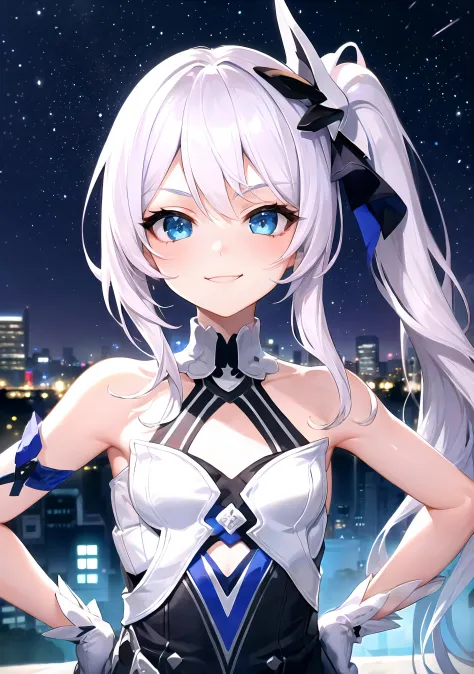 <lora:TeriTP-net-locon-16-16:1>1girl, solo, absurdres, best quality, (smug smile:1.2), white hair, blue eyes, sleeveless dress, hair ornament, black dress, short, side ponytail, long hair, outdoors, nighttime, night, city, stars, starry sky, small breasts, flat chest, white gloves, white stockings, (hands on hips:1.2), (portrait, straight on, POV, looking at viewer, upper body:1.3)