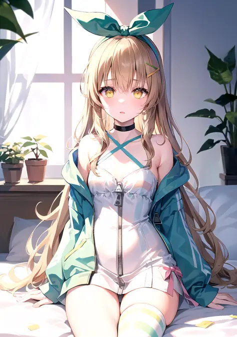 best quality, absurdres, 1girl, nanahi, green hairband bow, very long hair, yellow eyes, (light brown hair:1.1), hair between eyes, small breasts, green hood, zipper dress, upper body, open clothes, white strap dress, sitting, sitting on bed, bedroom, wide...