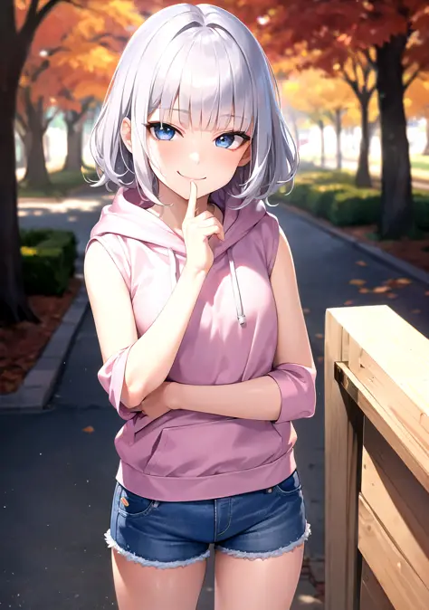 best quality, absurdres, 1girl, (smug smile:1.2), POV, looking at viewer, hand on cheek, short hair, wavy hair, blunt bangs, silver hair, outdoors, autumn, pink \(sleeveless hoodie:1.2)\, hood down, ( jean shorts:1.1), solo focus, small chest, soft lighting, public park, (blue eyes)