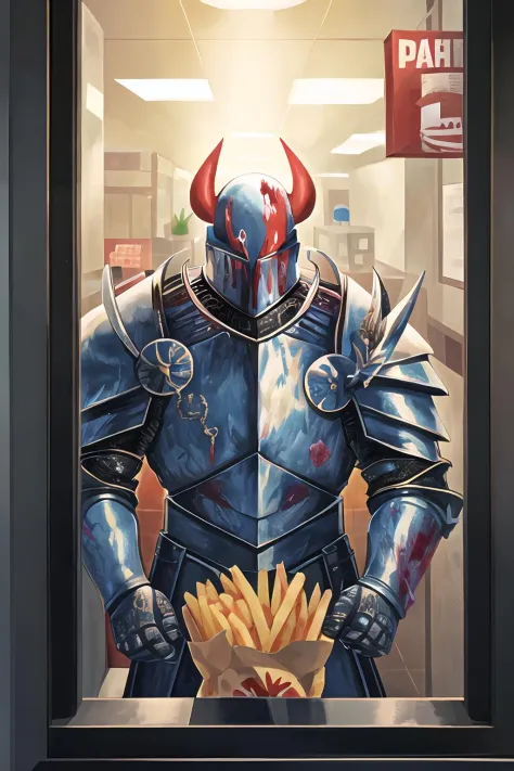 chaos warrior in the drive-thru window, (masterpiece), absurdres, (absurdly detailed:1.2), undivided, 2D, solo, best quality, di...