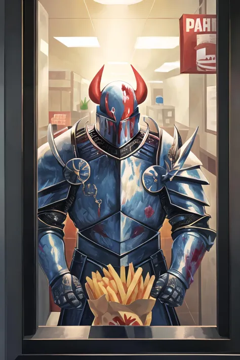 chaos warrior in the drive-thru window, (masterpiece), absurdres, (absurdly detailed:1.2), undivided, 2d, solo, best quality, di...