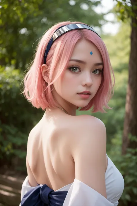 (masterpiece, best quality:1.2), solo, 1girl, harunonewera, forehead mark:1.2, parted lips, looking at viewer, hairband, kimono, bare shoulders, pink hair, <lora:naruto_sakuraharuno-17:.85>