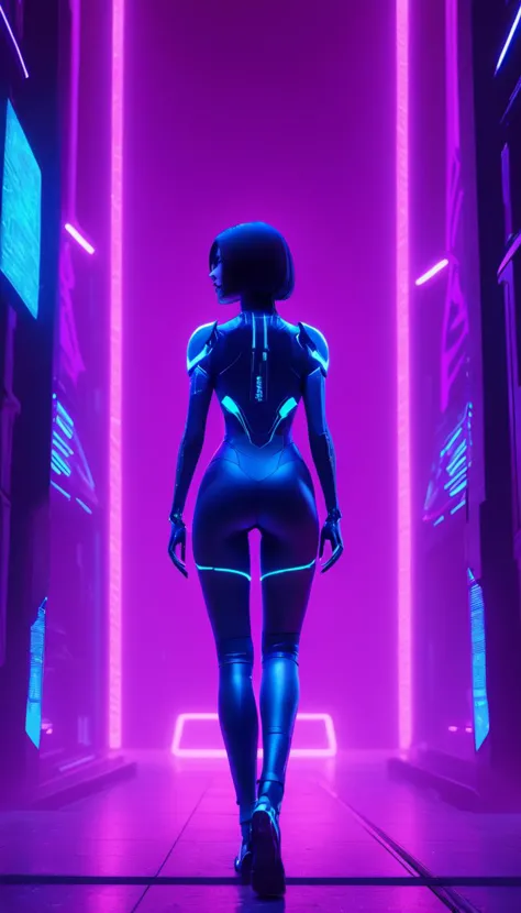 neonpunk style Cinematic scene, hero view, Cortana, ai, hologram <lora:cortana_xl_v3:1>, action pose, detailed background, maste...