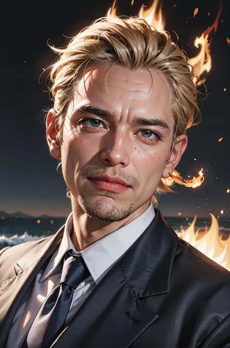 (absurdres, highres, ultra detailed)
1 old man wearing a suit ,A handsome face,,At the seaside, swirling fire around man,