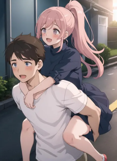 1boy, 1girl, carrying, piggyback, outdoors,  :D, prominent blush, curvy, breast press,  evening, night, alley,ponytail,  <lora:p...