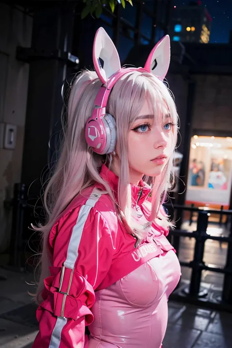 (photorealistic:1.3), detailed, 4k render, masterpiece, ((walking, side view)), alice cosplay costume, cosplay, pink hair, cropped jacket, animal ear headphones, bodysuit, skin tight, socks, <lora:nikke_alice_cosplay_v1:0.65>, <lora:ijenz:0.9>, ijenz, blue eyes, earrings, eye lashes:1.2, blush, (old street, building, night)