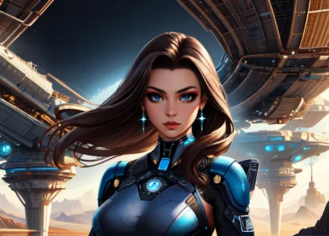 a woman in a futuristic suit standing in front of a futuristic city