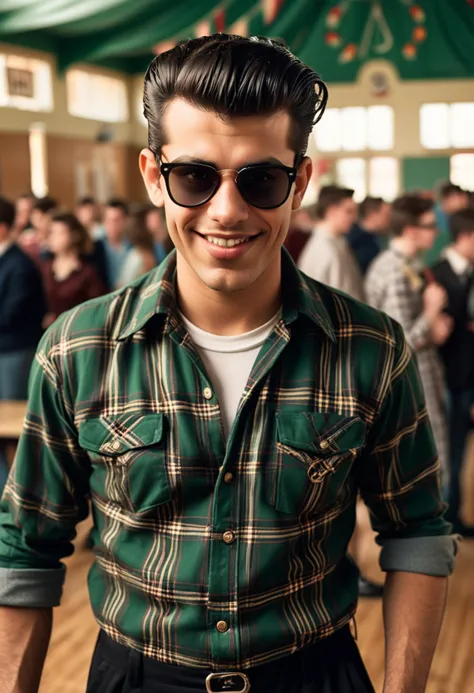 (full shot) of (rebellious greaser) adult man, persian, tan skin, brown eyes, tiny build, pompadour, wearing a dark green plaid shirt, black trousers, brogues, sunglasses,  set in the 1950s, in  a 1950s school dance, with a decorated gymnasium, retro bandstand, classic decorations, and students in vintage attire , during sunset, man smiling, ,Masterpiece,best quality, raw photo, realistic, very aesthetic