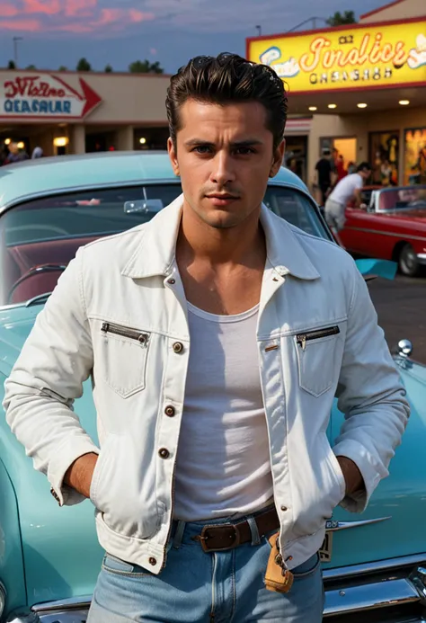 (full shot) of (daring greaser) adult man, spanish, tan skin, light blue eyes, average build, pompadour, wearing a white denim j...