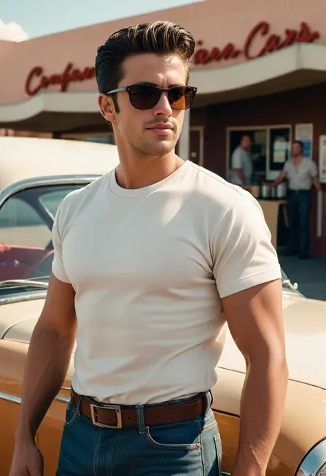 (full shot) of (confident greaser) adult man, spanish, tan skin, brown eyes, voluptuous build, quiff, wearing a brown white t-sh...