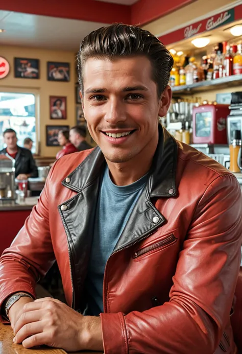 (full shot) of (stylish greaser) adult man, british, tan skin, light brown eyes, lithe build, slicked back hair, wearing a red l...