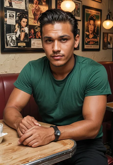 (full shot) of (stylish greaser) adult man, native american, tan skin, jade green eyes, petite build, sideburns, wearing a dark green fitted black t-shirt, black trousers, converse sneakers, bandana,  set in the 1950s, in  an intimate diner, with cozy booths, soft lighting, vintage posters, and nostalgic decor, during sunset,  ,Masterpiece,best quality, photo, realistic, very aesthetic, detailed face,