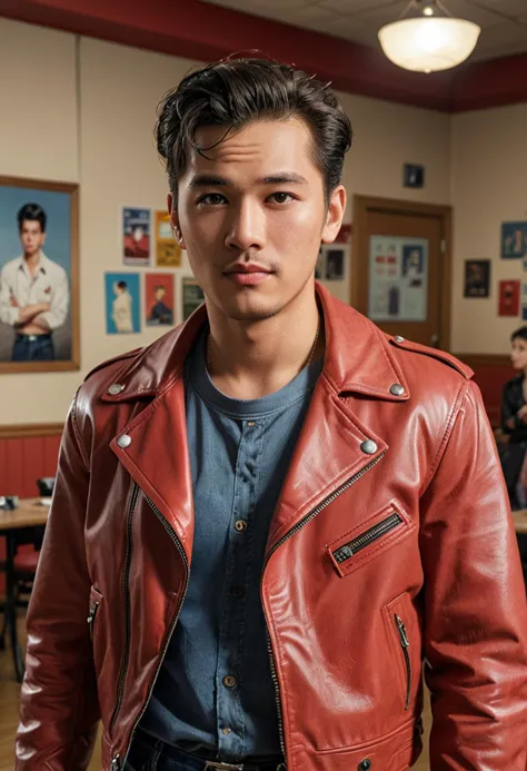 (full shot) of (confident greaser) adult man, korean, light skin, light brown eyes, willowy build, ducktail, wearing a red leath...