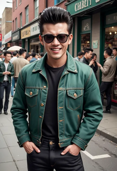 (full shot) of (rebellious greaser) adult man, chinese, tan skin, hazel eyes, average build, quiff, wearing a dark green denim j...