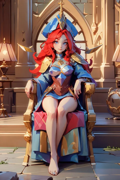 centered,  1girl,  long red hair,  symetrical headwear,  medium breasts,  (looking at viewer:1.2),  (sitting on the throne) wood...