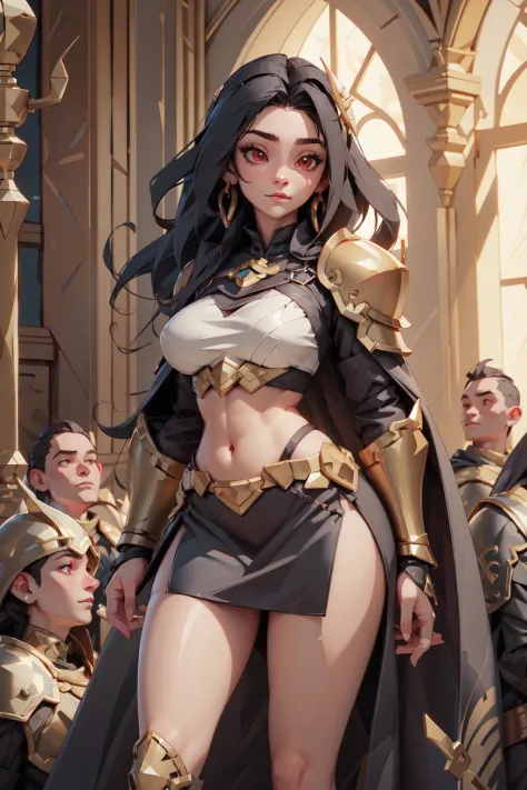 Highres,  best quality,  extremely detailed,  female paladin,  dark armor,  revealed belly,  black feathered cape,  short skirt,...