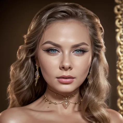 a woman with a necklace and earrings posing for a picture