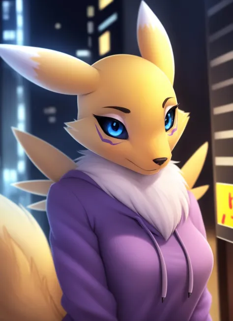 renamon, furry female, anthro, fox girl, portrait, close-up,  (hoodie:1.2),  fur trim, solo, (body fur:1.2), (best quality), (de...