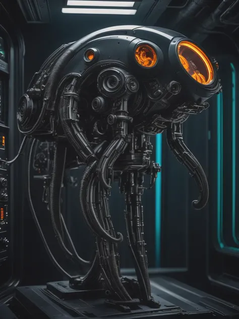 a close up of a robot in a spaceship with glowing eyes