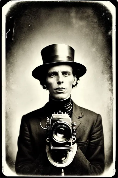 portrait of  svreaming retrofuturistic  robot morphing into [face | vintage camera] ,  camera lens in open mouth, barnum-ambrotype