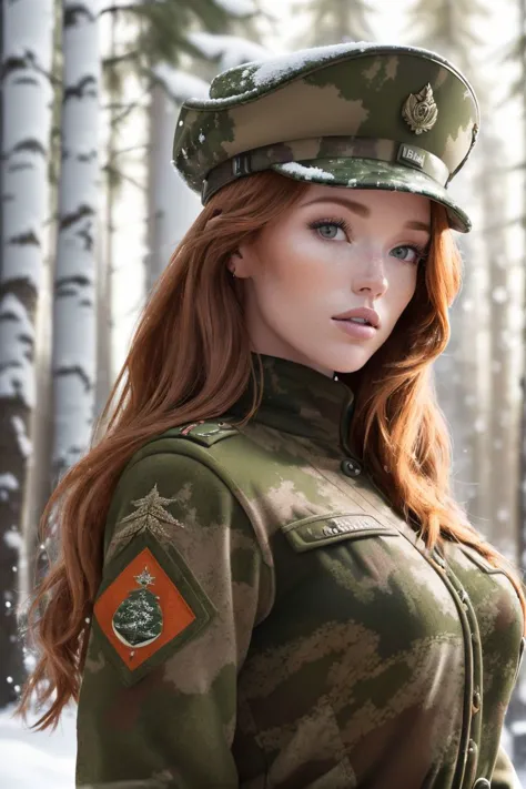 photo of S118_RileyRasmussen, a stylish woman, as a (soldier:1.2), in a (snowy birch-forest:1.1), wearing a (camouflage-uniform:1.2), (winter), (8k, RAW photo, best quality, depth of field, ultra high res:1.2), (absurdres, intricate, photorealistic, masterpiece, ultra-detailed, Unreal Engine:1.3)