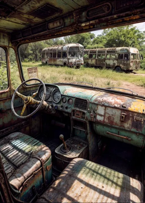 an old bus with a steering wheel and a bunch of buses in the background