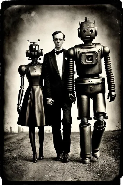 arafed man and woman standing next to a robot