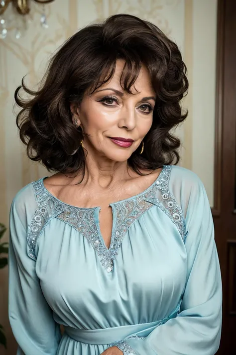 a close up of a woman in a blue dress posing for a picture