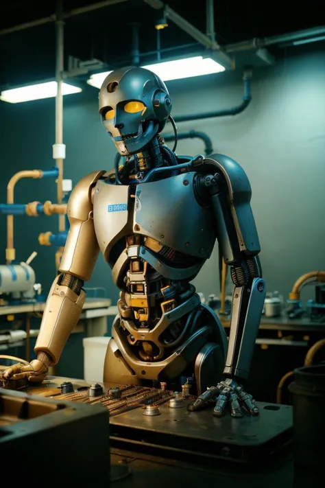 cinematic photo color raw, editorial photograph of a robot working on assembly line , intricate cybernetic structures, pipes, tubes, cables, detailed hydraulic anatomy, rusty dusty metal, sharp focus,  show_your_bones <lora:Bones_v1:0.7>, laboratory, blue theme
, background inside, moody, POV, by, spotlight, volumetric, soft rim light, absurdres, hdr, realistic, balanced tones . 35mm photograph, film, bokeh, professional, 4k, highly detailed