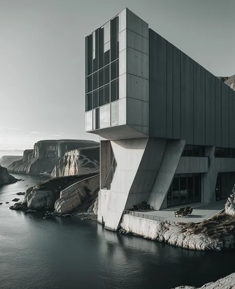 a large building sitting on top of a cliff next to the ocean