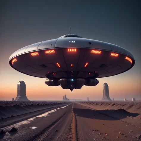 a close up of a large alien spaceship flying over a desert