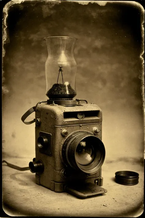 an old photo of a camera with a light on top