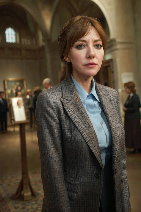 photorealistic photo of philcunk, a mature woman wearing a light blue blouse and dark grey plaid jacket, fine lines and wrinkles, standing in a museum, looking at the camera, realistic, (masterpiece:1.1), (best quality:1.1), beautiful, (intricate details), unity 8k wallpaper, ultra detailed, aesthetic, perfect lighting, 