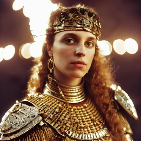 a woman in a gold costume with a crown and a gold necklace