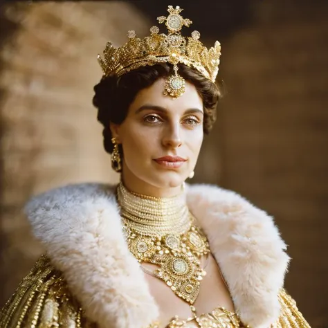 a woman in a gold dress and a crown with a fur collar