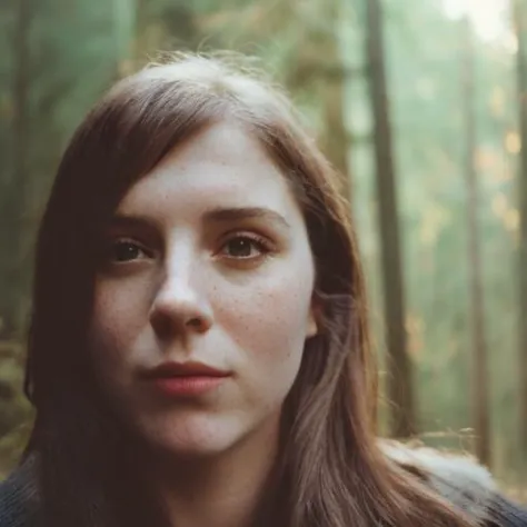 a close up of a woman with long hair in a forest