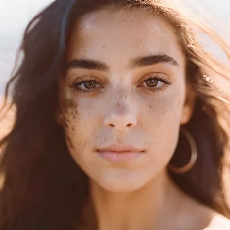 a close up of a woman with freckles on her face