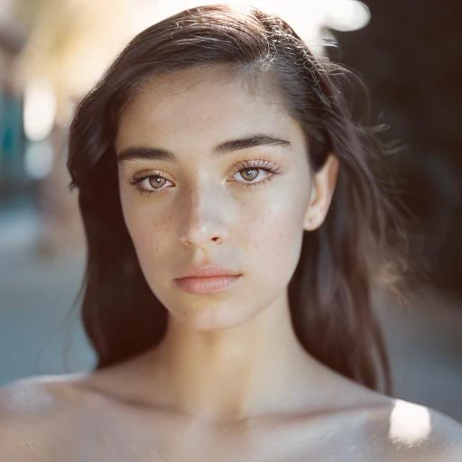 a close up of a woman with long hair and a white shirt