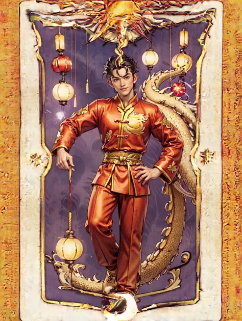 arafed image of a man in a red suit with a dragon