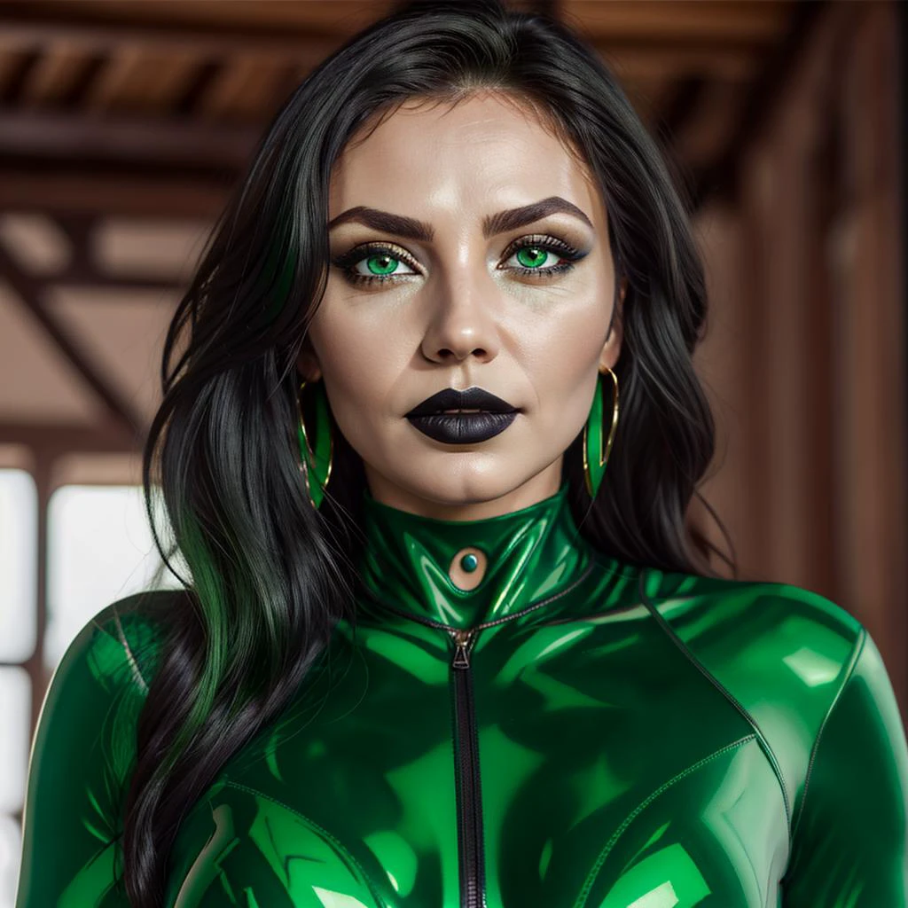 A close up of a woman in a green latex outfit - SeaArt AI