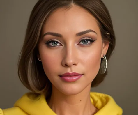 a close up of a woman with a yellow hoodie and earrings