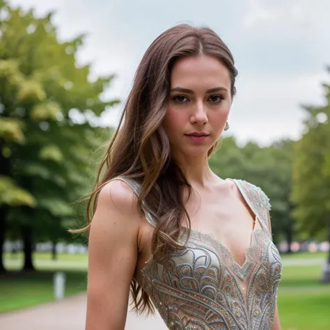 a close up of a woman in a dress standing in a park