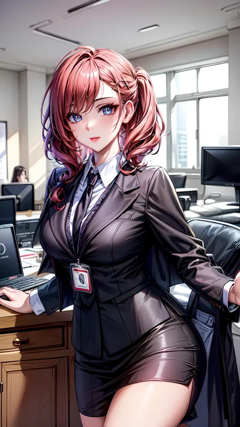 anime character dressed in business attire posing in an office