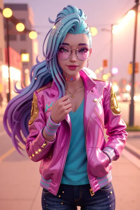 <lora:Seraphine:0.65>, xyzseraphine, 1girl, 3d render, multi-colored hair, trendy clothing, sparkles, sprinkles, jacket, eyewear