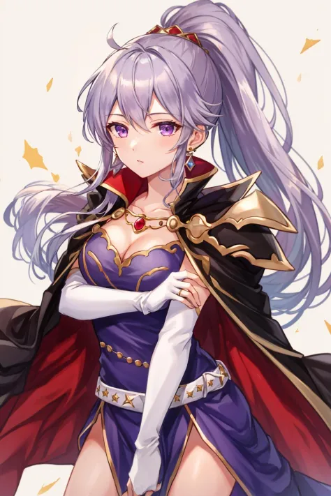 <lora:Ishtar_FE-10:0.8>, masterpiece, best quality, ishtar fe, 1girl, solo, long hair, gloves, dress, cleavage, jewelry, medium breasts, ponytail, earrings, cape, armor