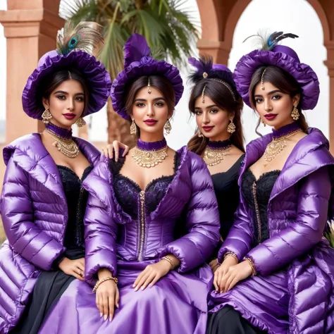cute group of pakistani women wearing a ((extra_puffy_jacket))
,bustle dress,
 long_sleeves, hat, dress, holding, jewelry, sitti...