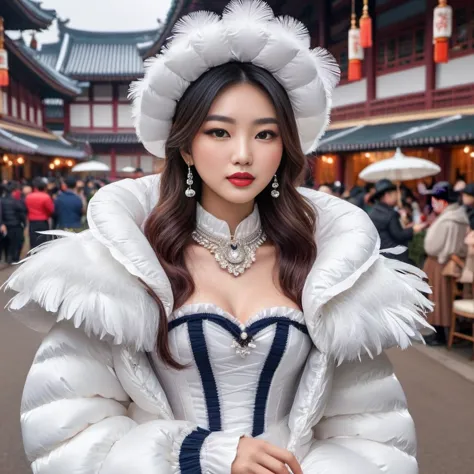 cute  asian girls wearing a ((extra_puffy_jacket))
,bustle dress,
 long_sleeves, hat, dress, holding, jewelry, sitting,  frills, choker, striped, necklace, lips,  feathers, hand_fan, web_address, dress, realistic,headwear
<lora:Puffer_Jacket_and_Down_Jacket_-_Extra_Puffy_Jackets:0.4>
 <lora:VictorianBustleDress:0.6>