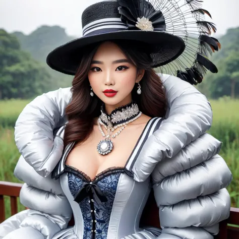 cute  asian professional women wearing a ((extra_puffy_jacket))
,bustle dress,
 long_sleeves, hat, dress, holding, jewelry, sitt...
