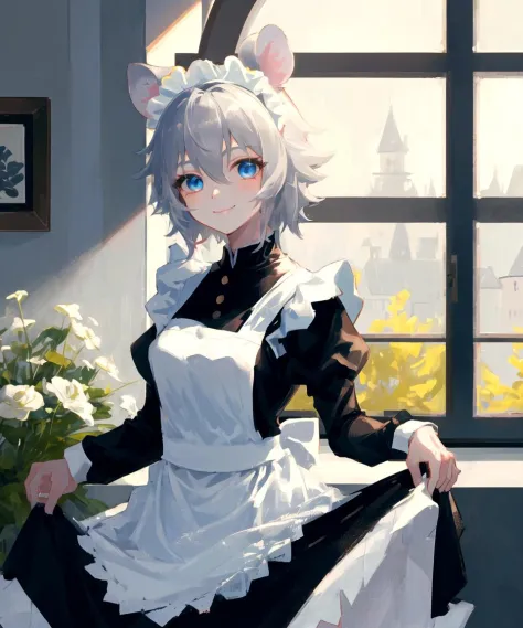 masterpiece, best quality, <lora:Click768V2:0.7>, clicklora, 1girl, solo, mouse ears, animal ears, short hair, grey hair, hair b...